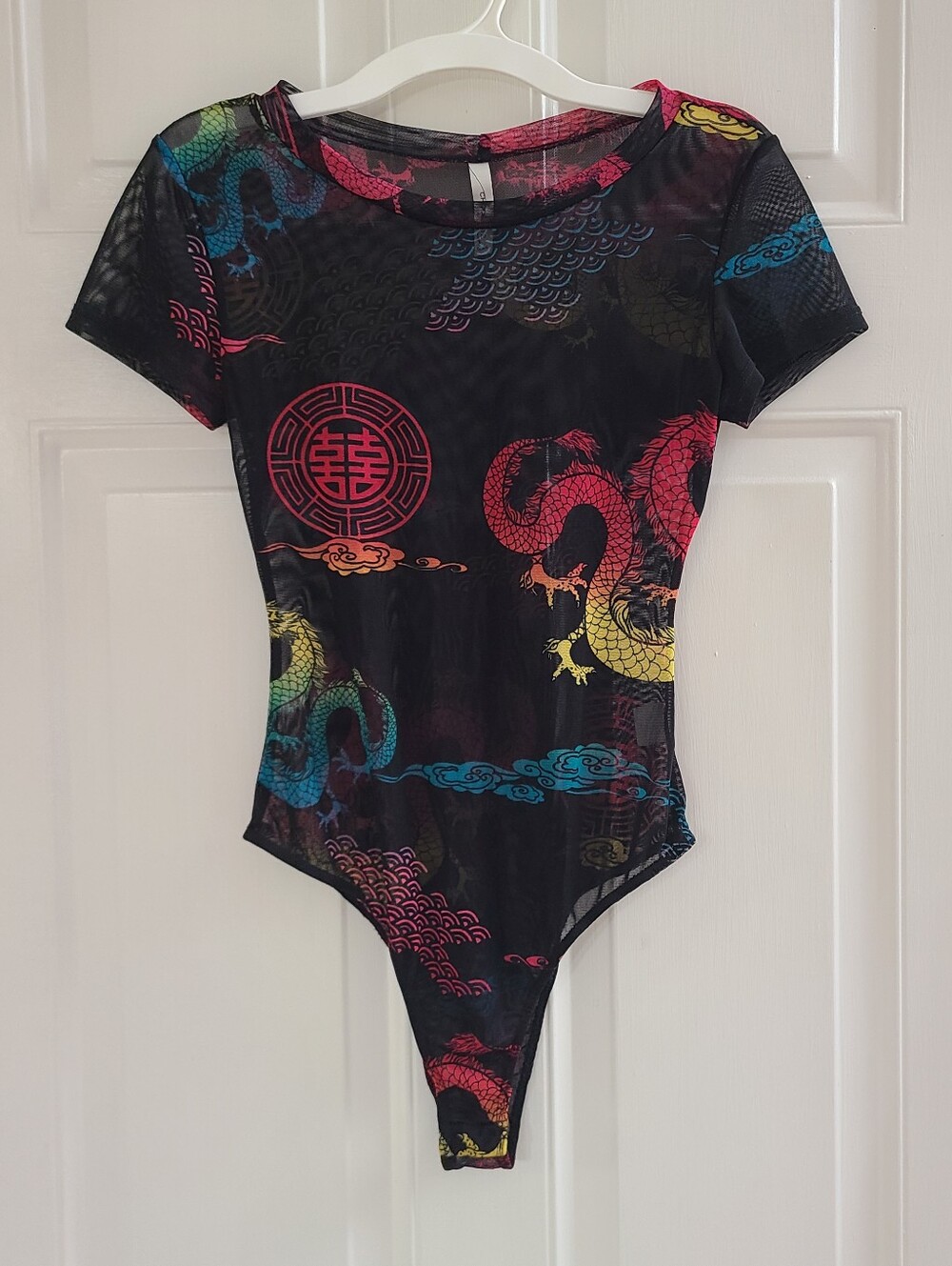 Vtg Y2K Chocolate USA Mesh Asian Inspired Bodysuit Size S Sheer Dragon Colorful